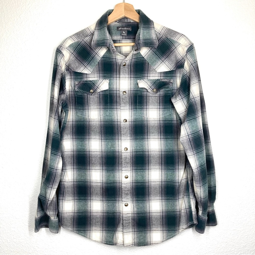 Eddie Bauer Western Shirt Plaid Button Up Snap Perl Mens M Long Sleeves Green